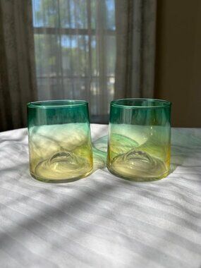 Crofton Ombre Whiskey Glasses Yellow Teal Set of 2 Modern Barware